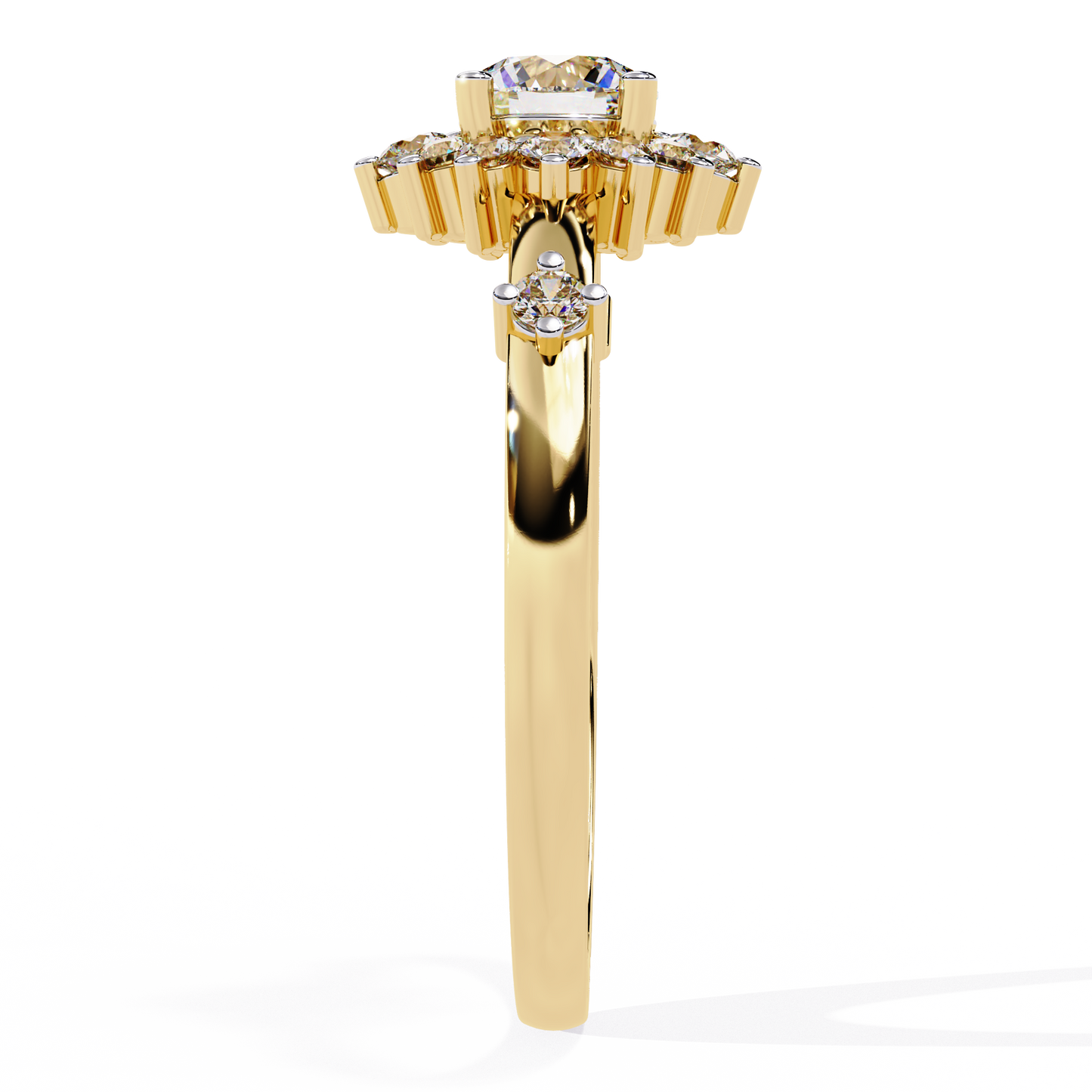 Solstice Bloom – Lab Diamond Halo Ring with Petite Side Accents in 14K Gold