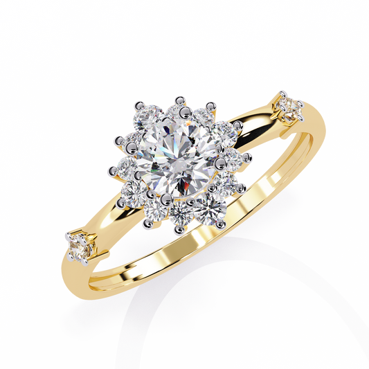 Solstice Bloom – Lab Diamond Halo Ring with Petite Side Accents in 14K Gold