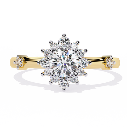 Solstice Bloom – Lab Diamond Halo Ring with Petite Side Accents in 14K Gold