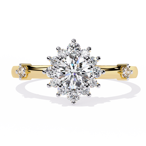 Solstice Bloom – Diamond Halo Ring with Petite Side Accents in 14K Gold