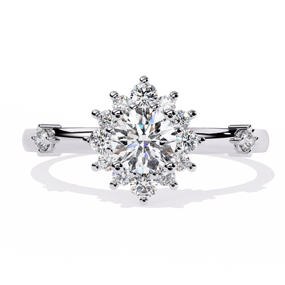 Solstice Bloom – Lab Diamond Halo Ring with Petite Side Accents in 14K Gold