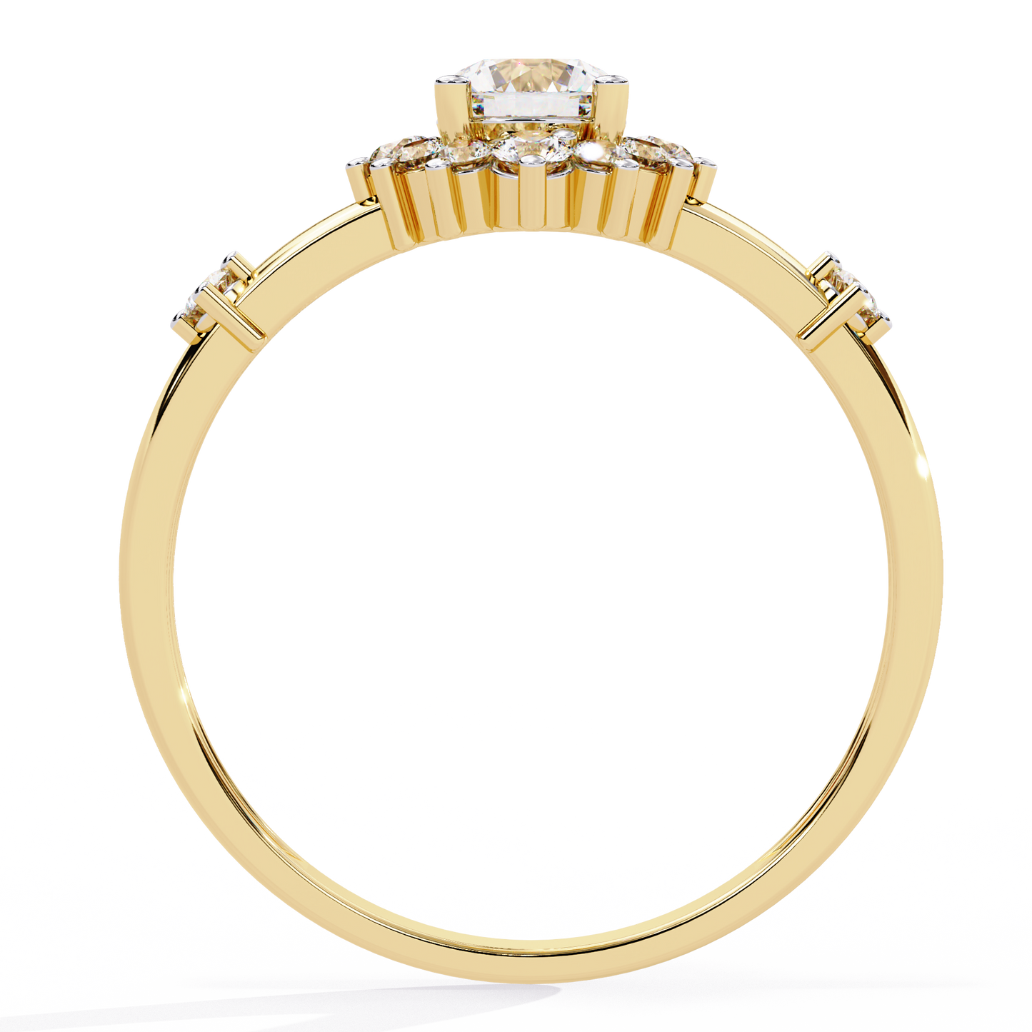 Solstice Bloom – Lab Diamond Halo Ring with Petite Side Accents in 14K Gold