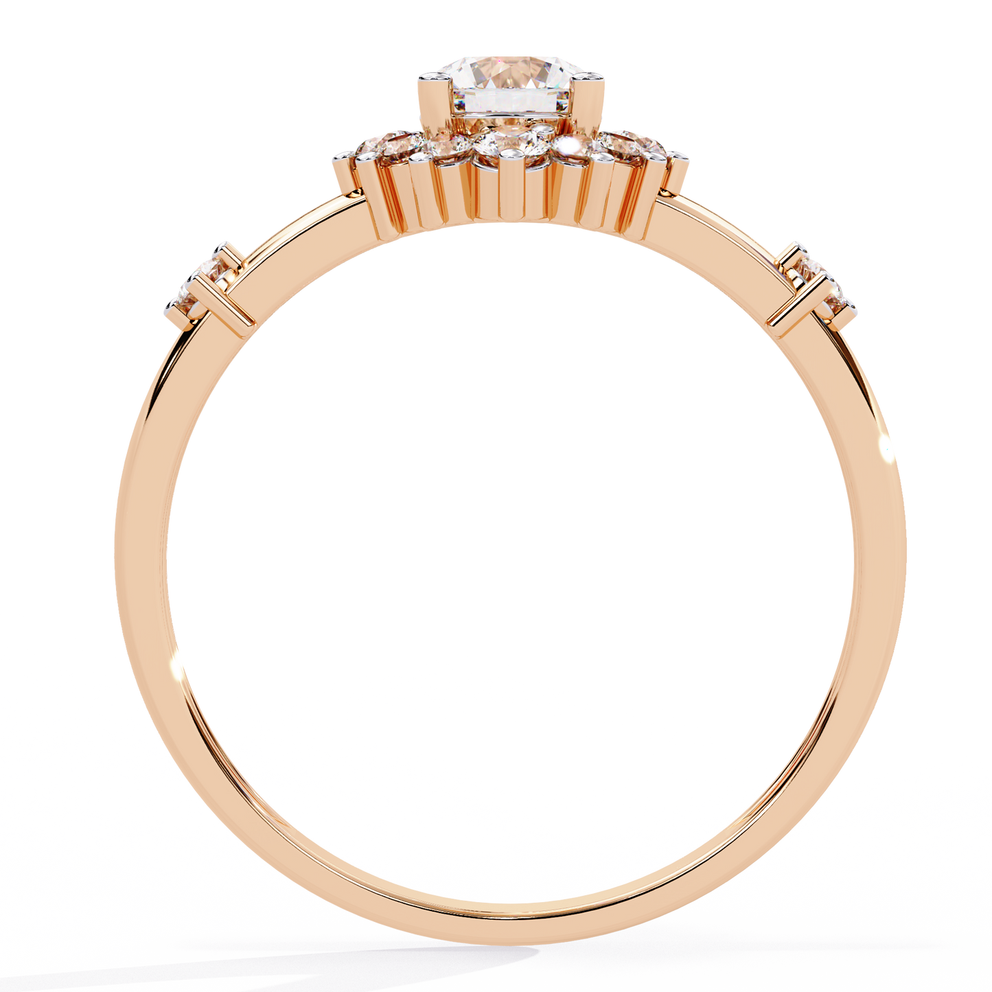 Solstice Bloom – Lab Diamond Halo Ring with Petite Side Accents in 14K Gold