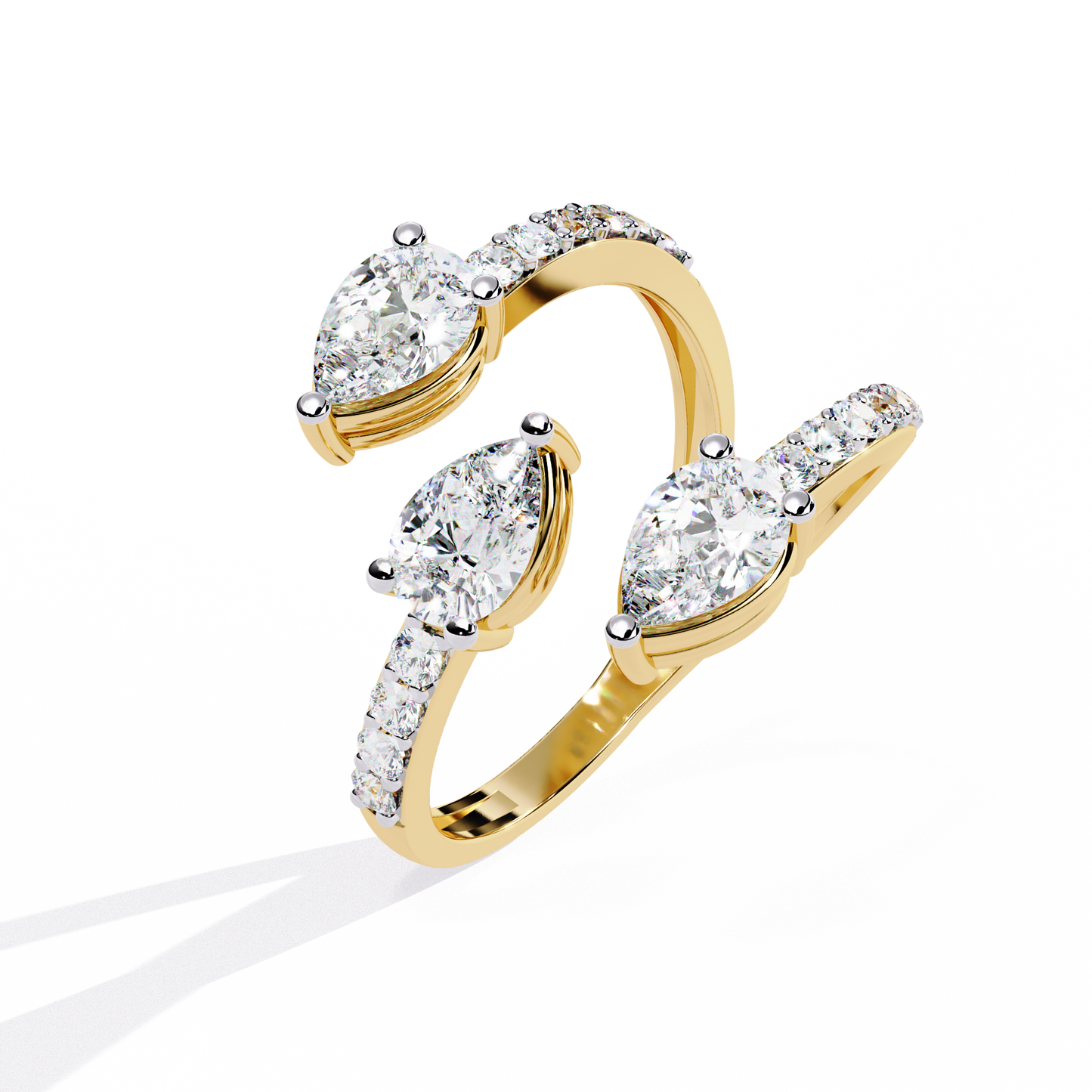 Cascade Pear – Triple Pear Diamond Open Ring with Pavé Sides in 14K Gold