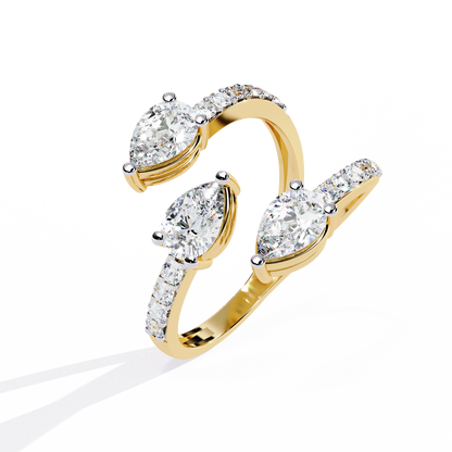 Cascade Pear – Triple Pear Diamond Open Ring with Pavé Sides in 14K Gold