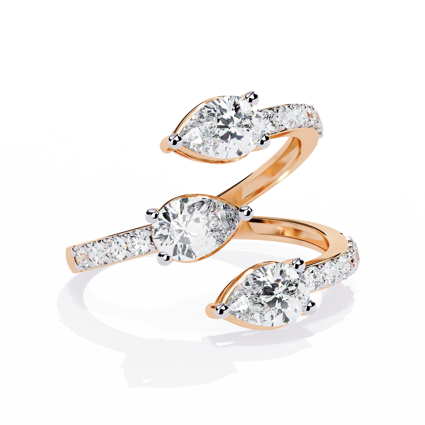 Cascade Pear – Triple Pear Lab Diamond Open Ring with Pavé Sides in 14K Gold