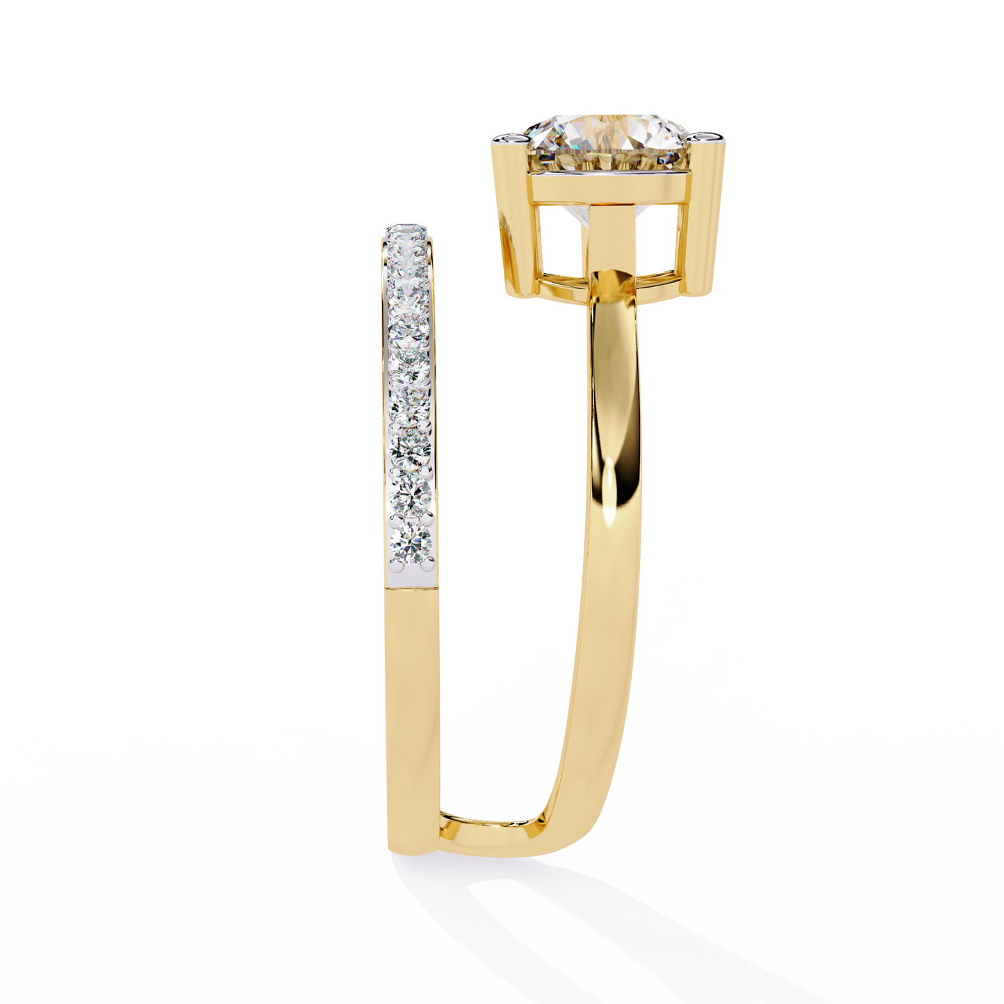 Luna Crown – Solitaire Diamond Ring with Pavé Halo Shank in 14K Gold