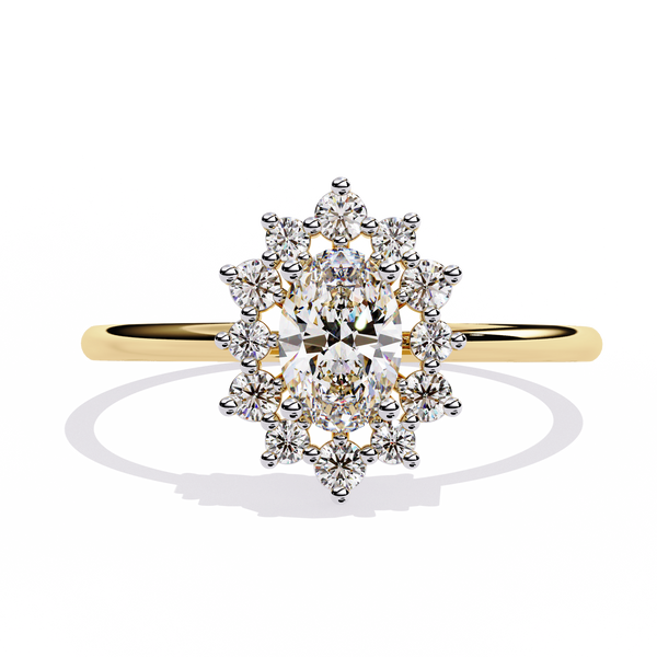 Oval Bloom – Diamond Halo Ring with Petal Motif in 14K Gold