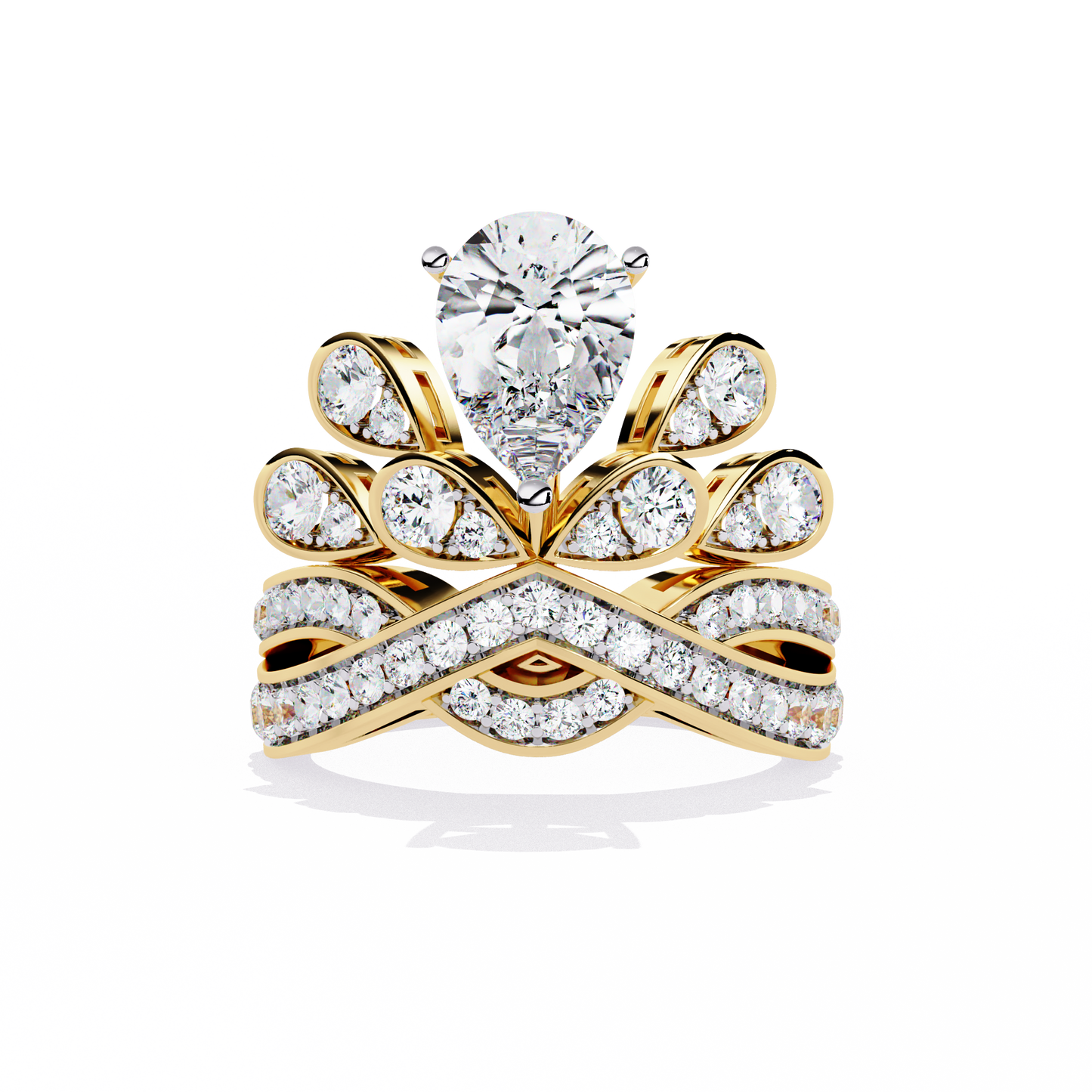 Celestial Crown – Pear Diamond Ring with Regal Scrollwork in 14K Gold
