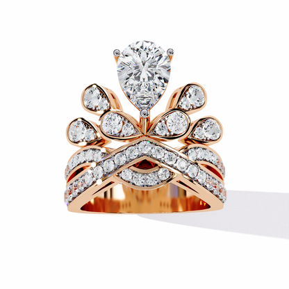 Celestial Crown – Pear Diamond Ring with Regal Scrollwork in 14K Gold