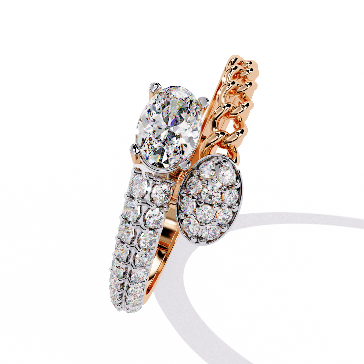 Braided Muse – Oval Solitaire & Diamond Pavé Ring in 14K Gold