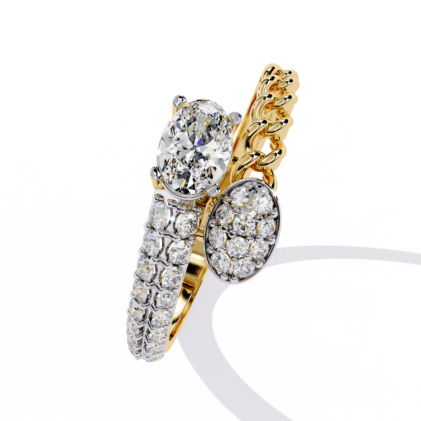 Braided Muse – Oval Solitaire & Diamond Pavé Ring in 14K Gold