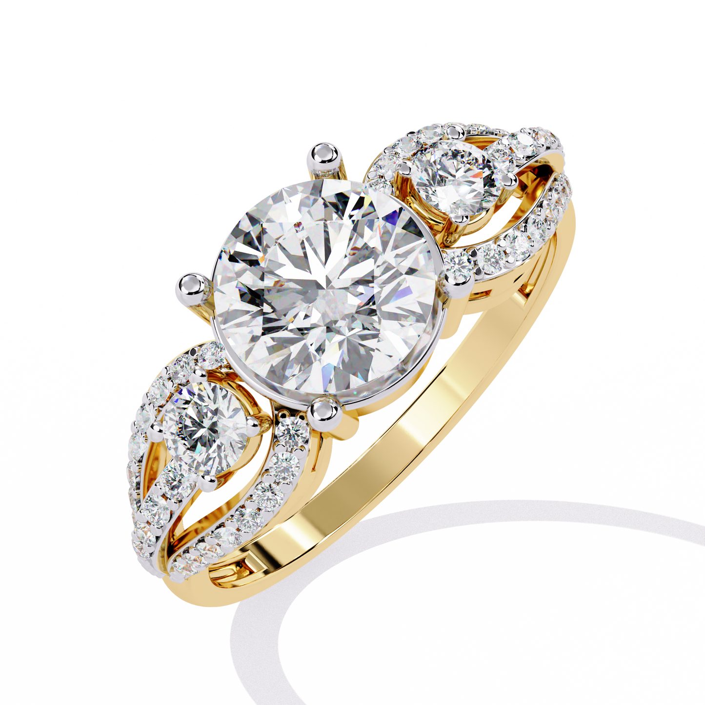 Heirloom Trinity – Lab Diamond Three-Stone Ring with Pavé Halo in 14K Gold