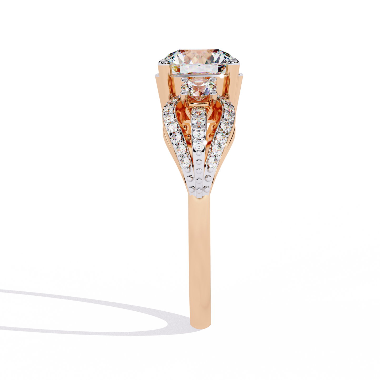 Heirloom Trinity – Lab Diamond Three-Stone Ring with Pavé Halo in 14K Gold