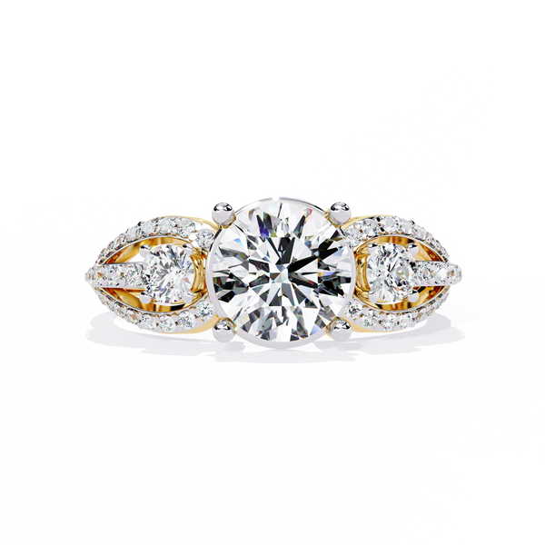 Heirloom Trinity – Diamond Three-Stone Ring with Pavé Halo in 14K Gold