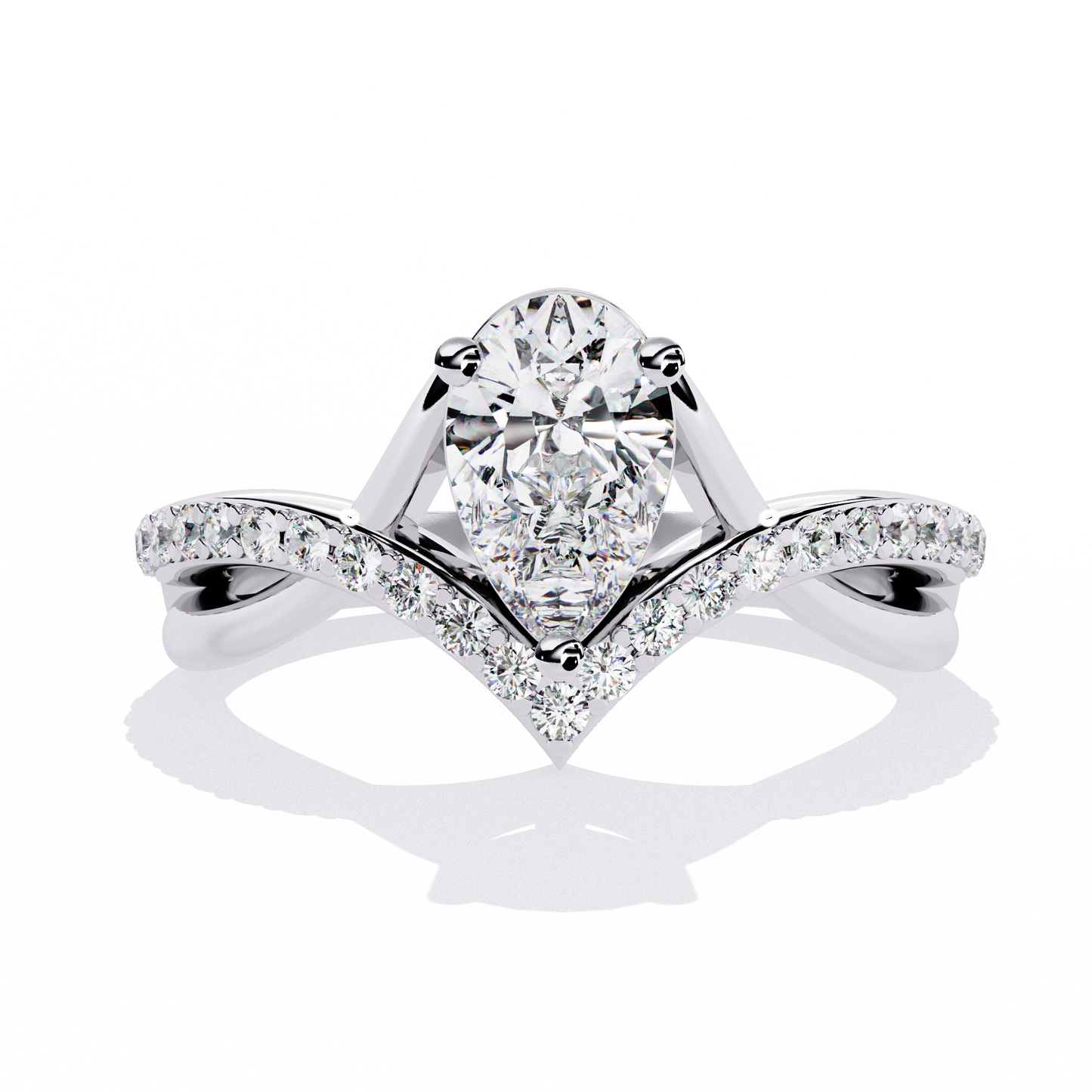 V-Embrace – Lab Diamond Pear Ring with Criss-Cross Pavé Shank in 14K Gold