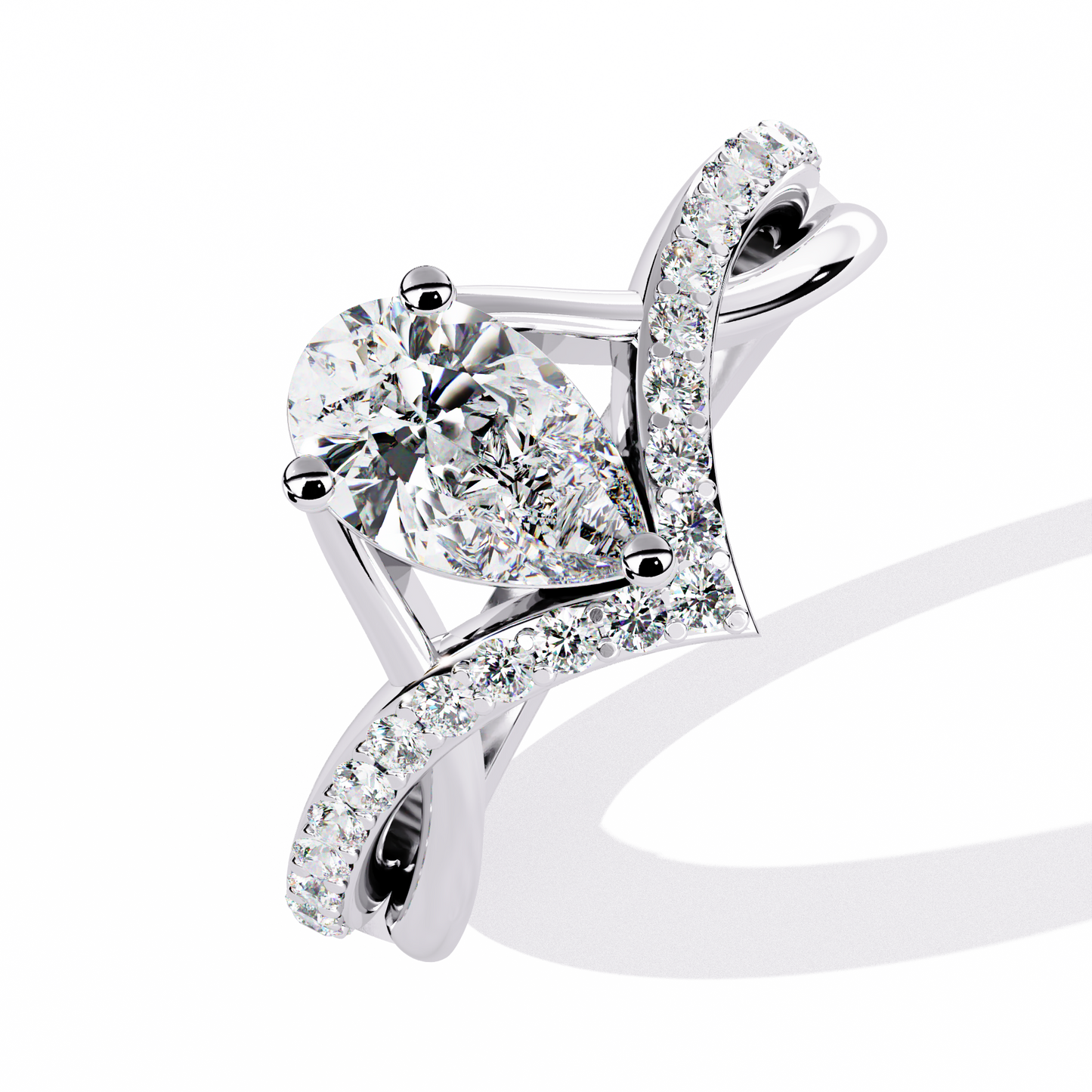 V-Embrace – Lab Diamond Pear Ring with Criss-Cross Pavé Shank in 14K Gold
