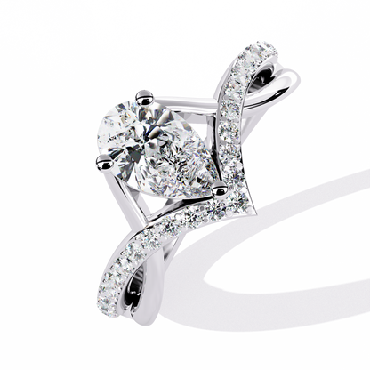V-Embrace – Lab Diamond Pear Ring with Criss-Cross Pavé Shank in 14K Gold