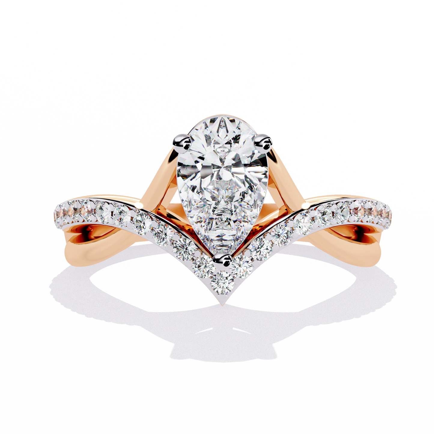 V-Embrace – Lab Diamond Pear Ring with Criss-Cross Pavé Shank in 14K Gold