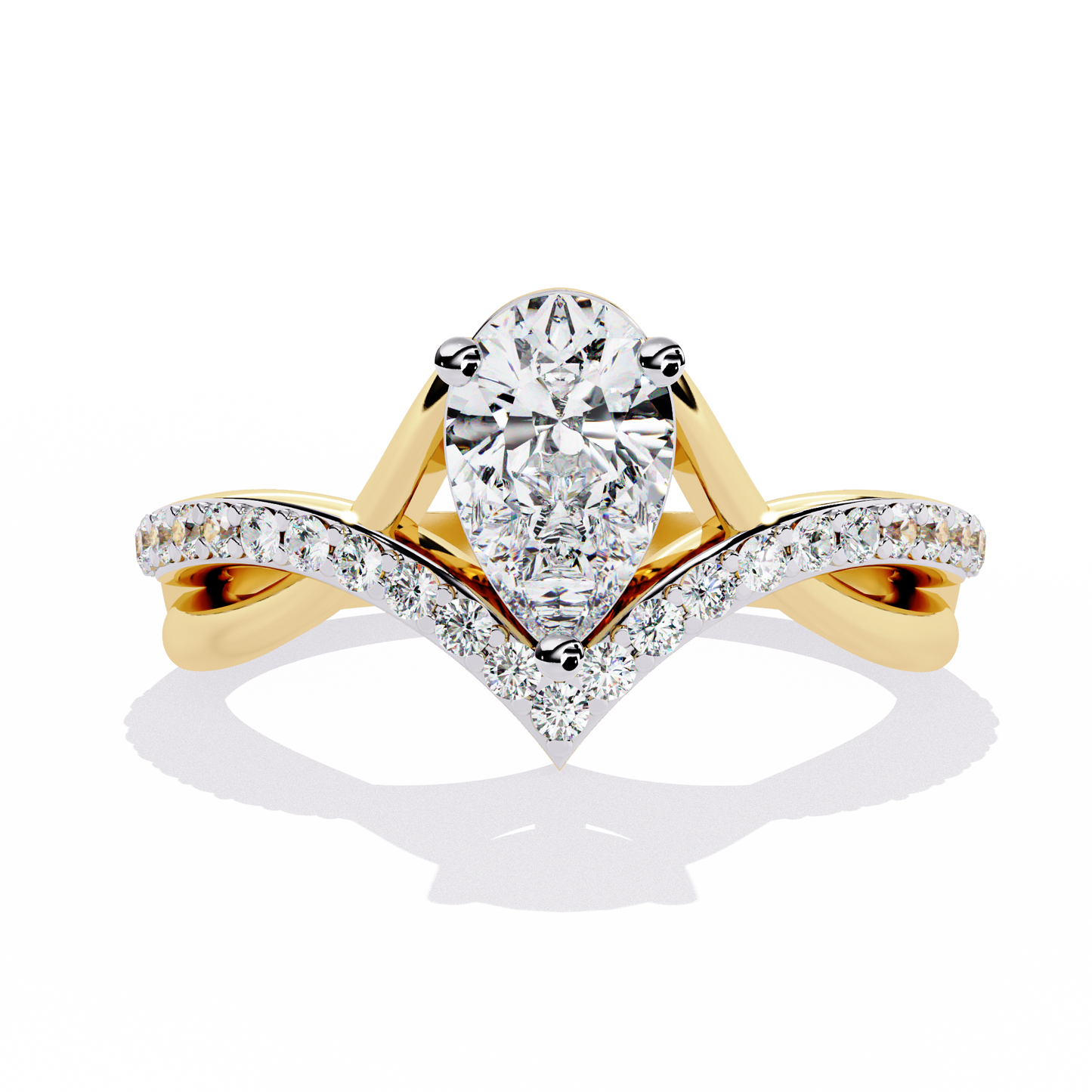 V-Embrace – Lab Diamond Pear Ring with Criss-Cross Pavé Shank in 14K Gold