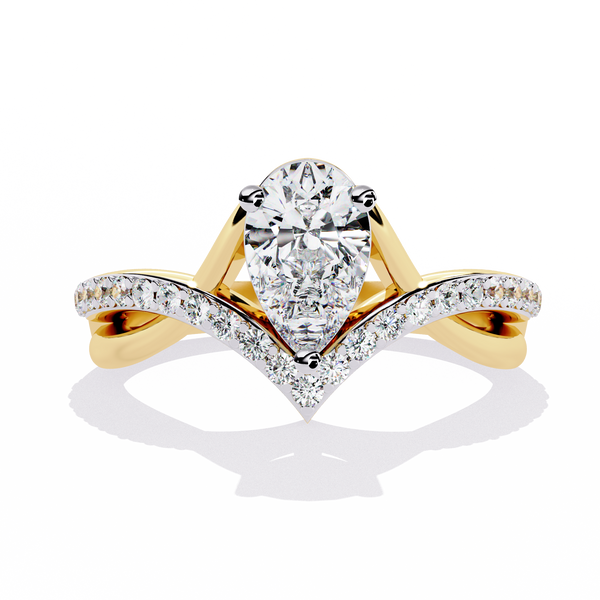 V-Embrace – Diamond Pear Ring with Criss-Cross Pavé Shank in 14K Gold