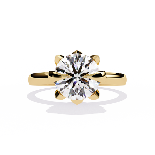 Victorian Lotus – Solitaire Diamond Ring with Engraved Crown in 14K Gold