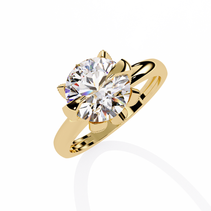Victorian Lotus – Solitaire Diamond Ring with Engraved Crown in 14K Gold