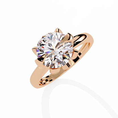 Victorian Lotus – Solitaire Diamond Ring with Engraved Crown in 14K Gold