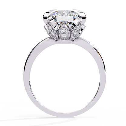 Victorian Lotus – Solitaire Diamond Ring with Engraved Crown in 14K Gold