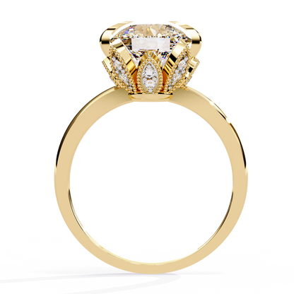 Victorian Lotus – Solitaire Diamond Ring with Engraved Crown in 14K Gold