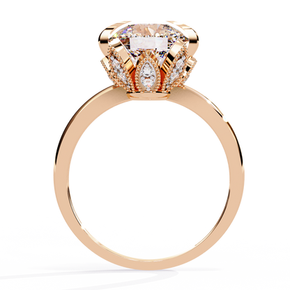 Victorian Lotus – Solitaire Diamond Ring with Engraved Crown in 14K Gold