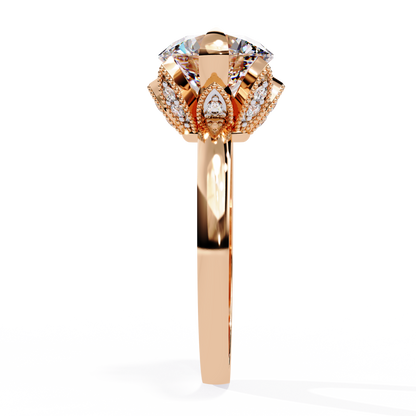 Victorian Lotus – Solitaire Diamond Ring with Engraved Crown in 14K Gold