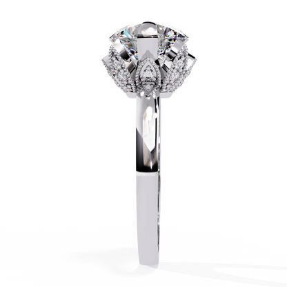 Victorian Lotus – Solitaire Diamond Ring with Engraved Crown in 14K Gold