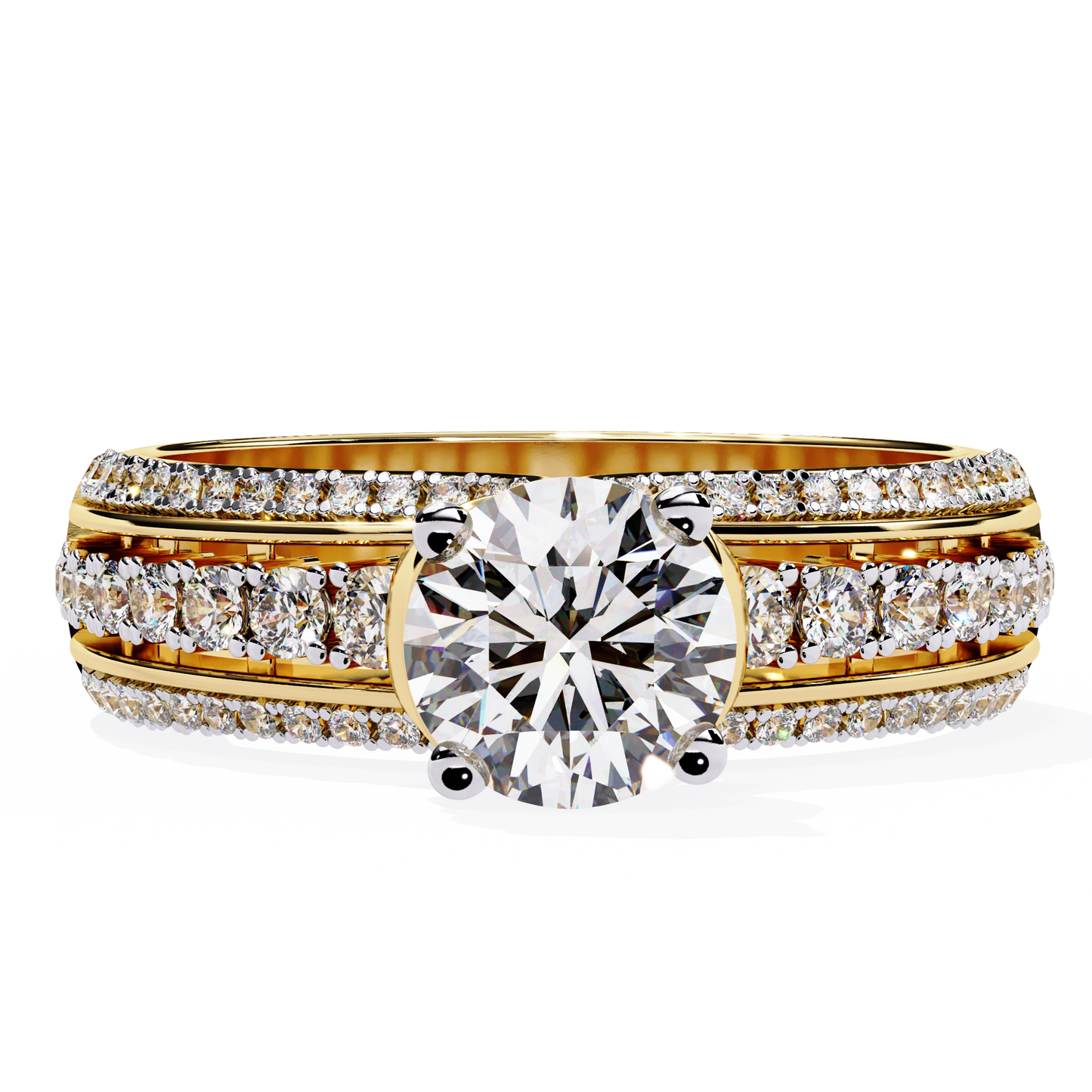 Triad Radiance – Lab Diamond Triple Row Ring with Solitaire Center in 14K Gold