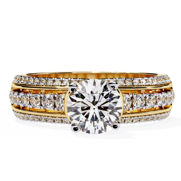 Triad Radiance – Diamond Triple Row Ring with Solitaire Center in 14K Gold