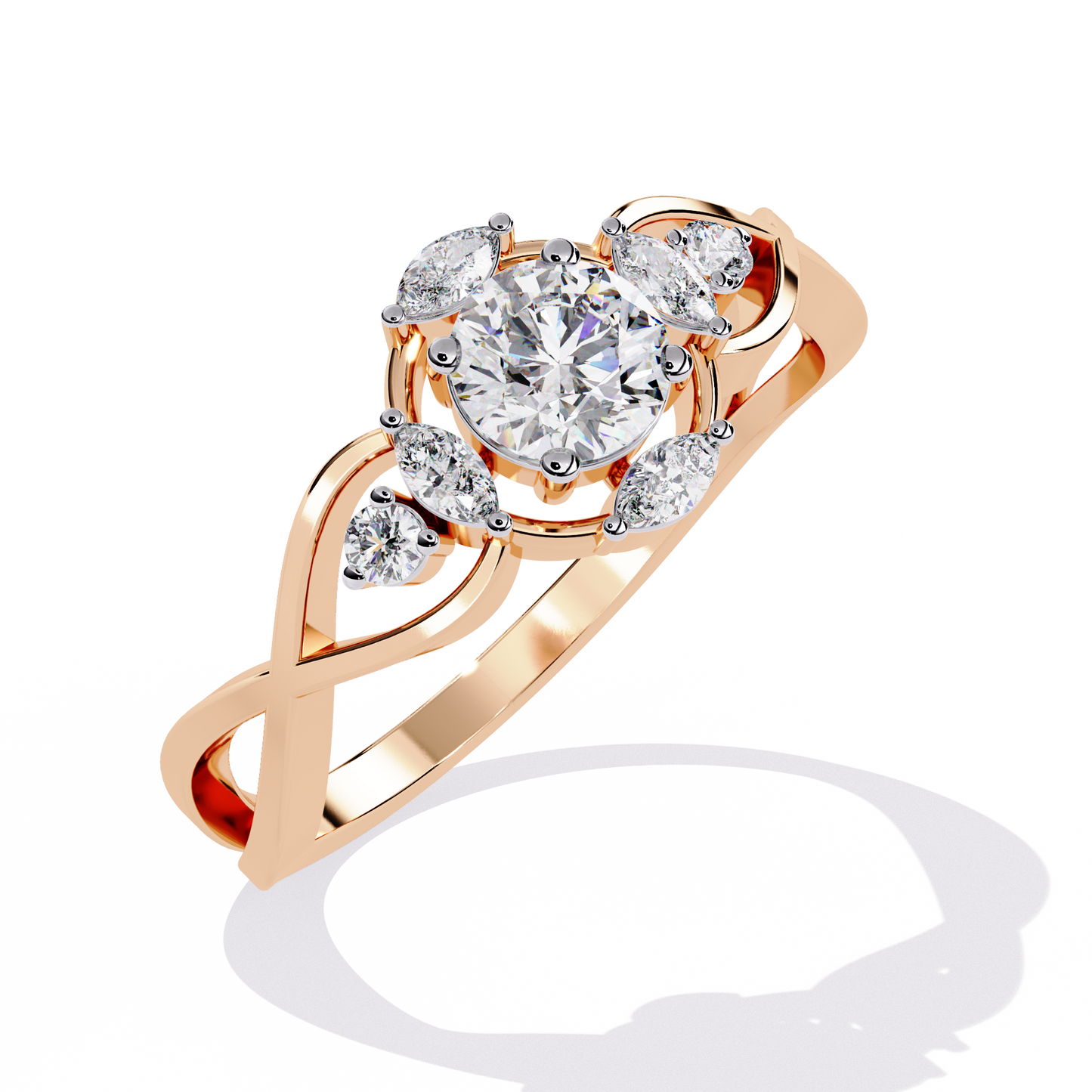Intertwined Grace – Diamond Marquise & Round Ring in 14K Gold