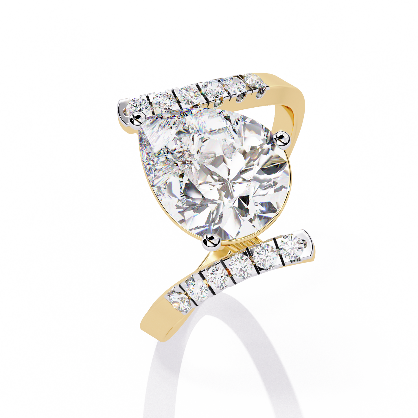 Gracebound – Diamond Pear Solitaire Ring with Curved Pavé Shank in 14K Gold