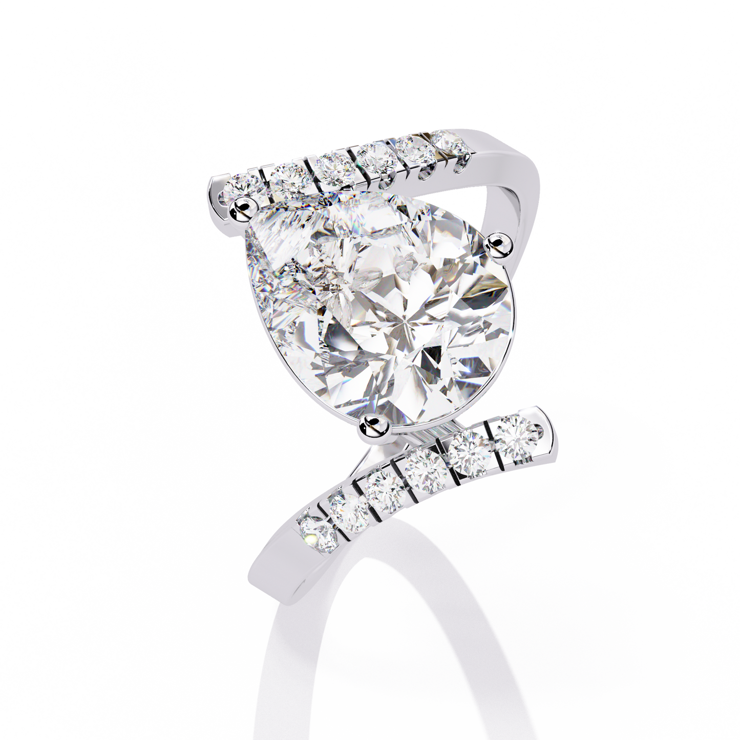 Gracebound – Diamond Pear Solitaire Ring with Curved Pavé Shank in 14K Gold