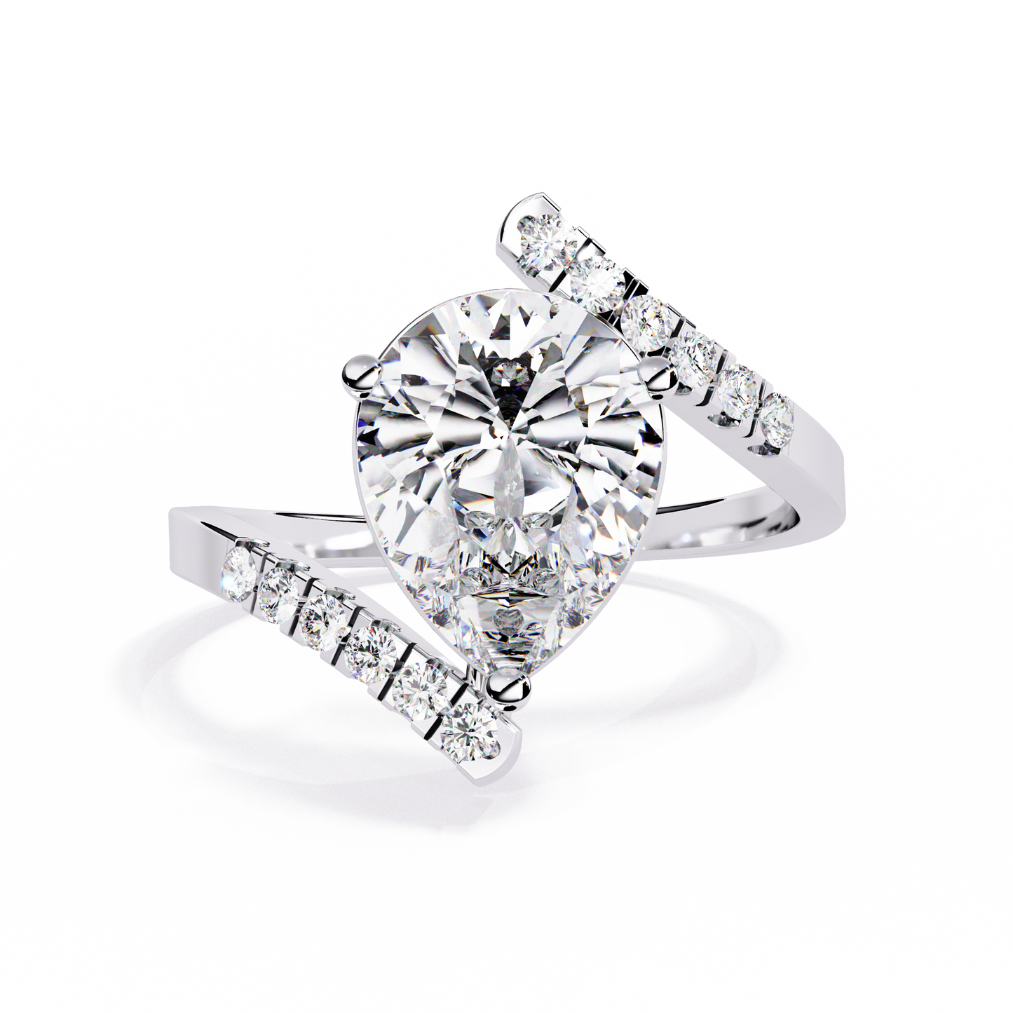 Gracebound – Diamond Pear Solitaire Ring with Curved Pavé Shank in 14K Gold