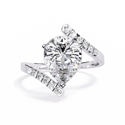 Gracebound – Diamond Pear Solitaire Ring with Curved Pavé Shank in 14K Gold