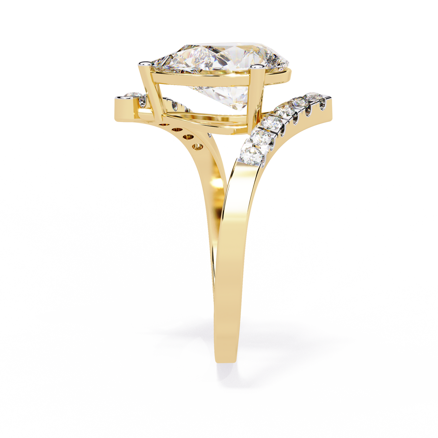 Gracebound – Diamond Pear Solitaire Ring with Curved Pavé Shank in 14K Gold