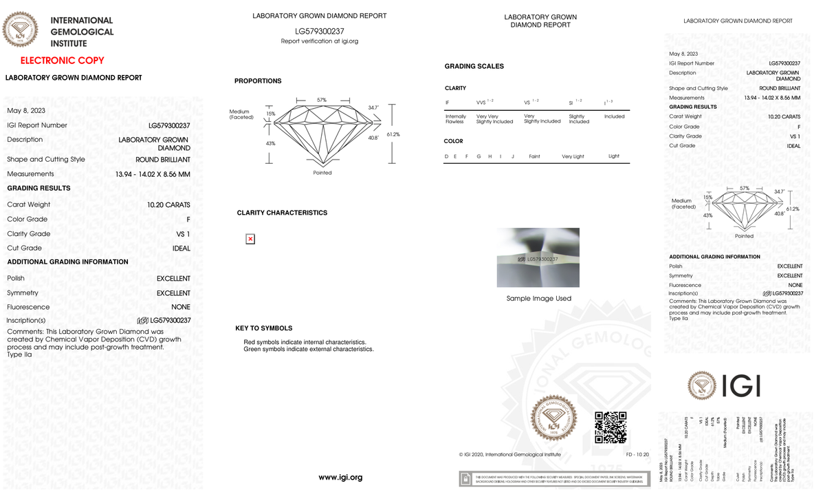 10.20 Carat Round Cut Lab Grown Diamond – F VS1, Ideal Cut | IGI