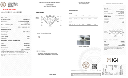 10.20 Carat Round Cut Lab Grown Diamond – F VS1, Ideal Cut | IGI