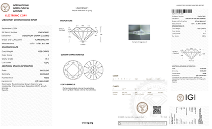 10.03 Carat Round Cut Lab Grown Diamond – E VS1, Ideal Cut | IGI