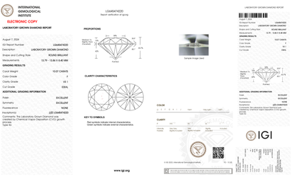 10.07 Carat Round Cut Lab Grown Diamond – F VS1, Ideal Cut | IGI