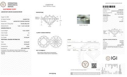 10.02 Carat Round Cut Lab Grown Diamond – G VS1, Excellent Cut | IGI