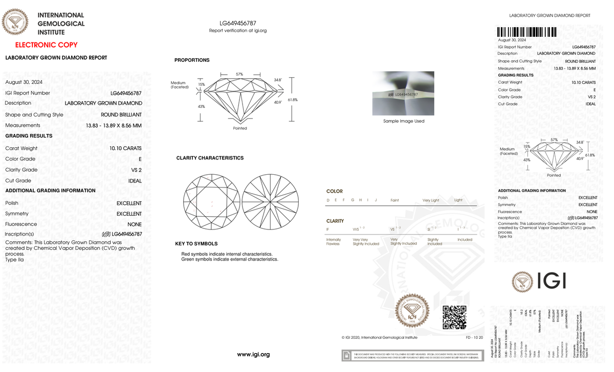 10.10 Carat Round Cut Lab Grown Diamond – E VS2, Ideal Cut | IGI