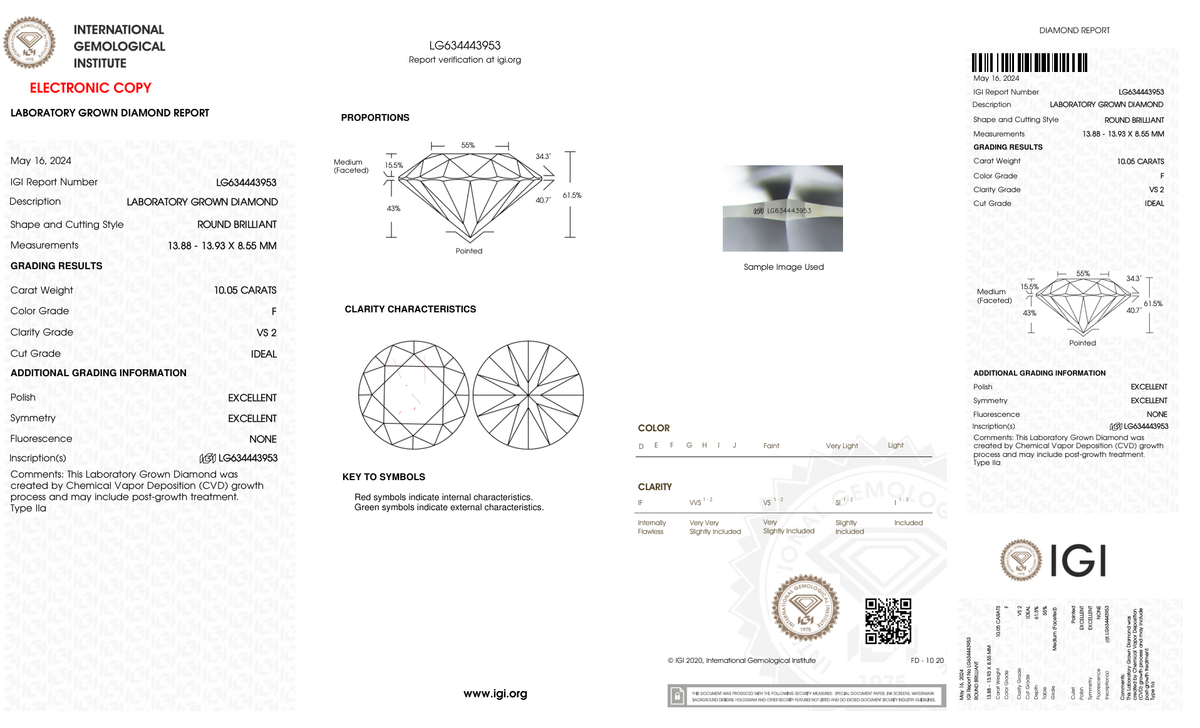 10.05 Carat Round Cut Lab Grown Diamond – F VS2, Ideal Cut | IGI