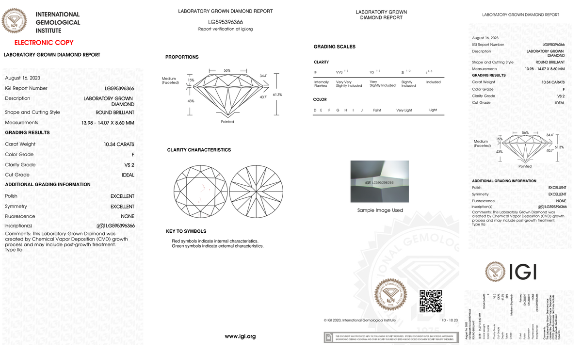 10.34 Carat Round Cut Lab Grown Diamond – F VS2, Ideal Cut | IGI