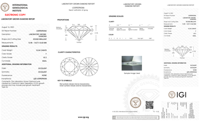 10.34 Carat Round Cut Lab Grown Diamond – F VS2, Ideal Cut | IGI